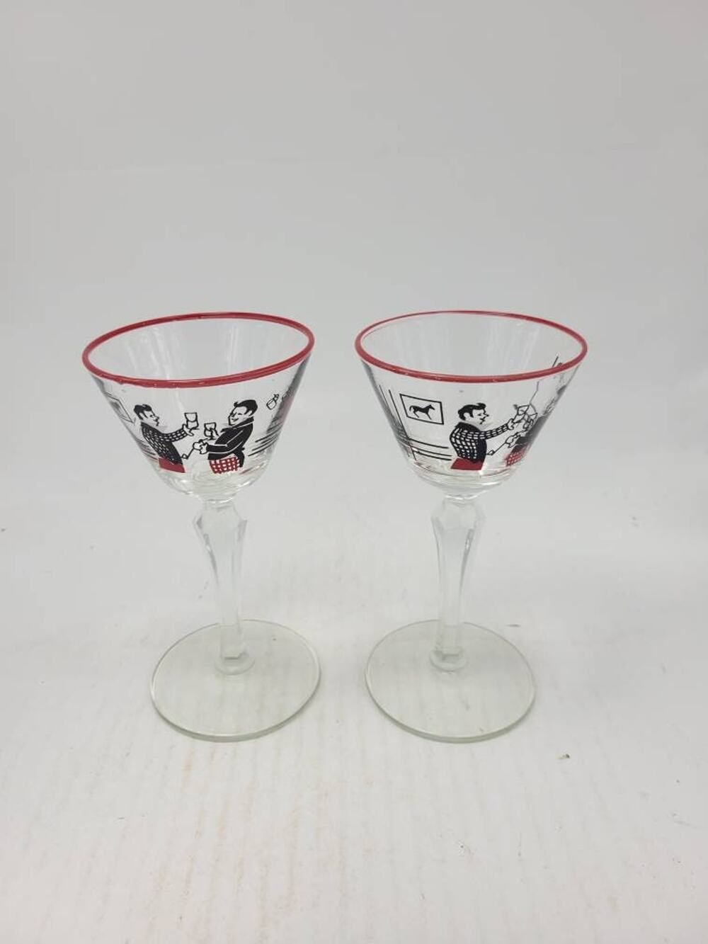 2 Vintage Libbey Pickwick Cocktail Glasses MCM Dickens Red Rim Barware